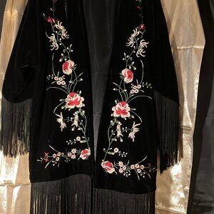 Reba black embroidered and fringed  open front velvet coat/jacket